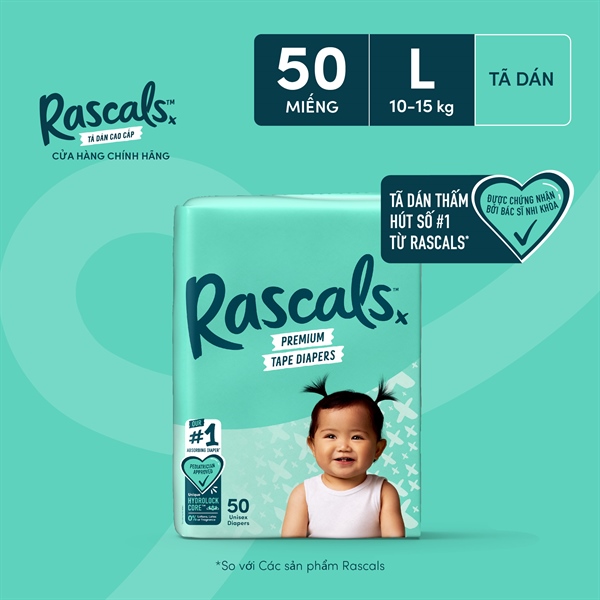 Rascals Premium Tape Diapers · Size L · 50 pcs