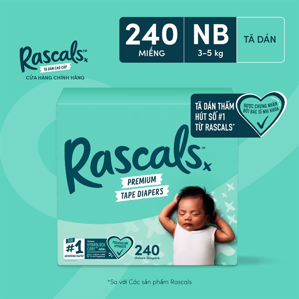 Rascals Premium Tape Diapers · Size NB · 3 × 80 pcs